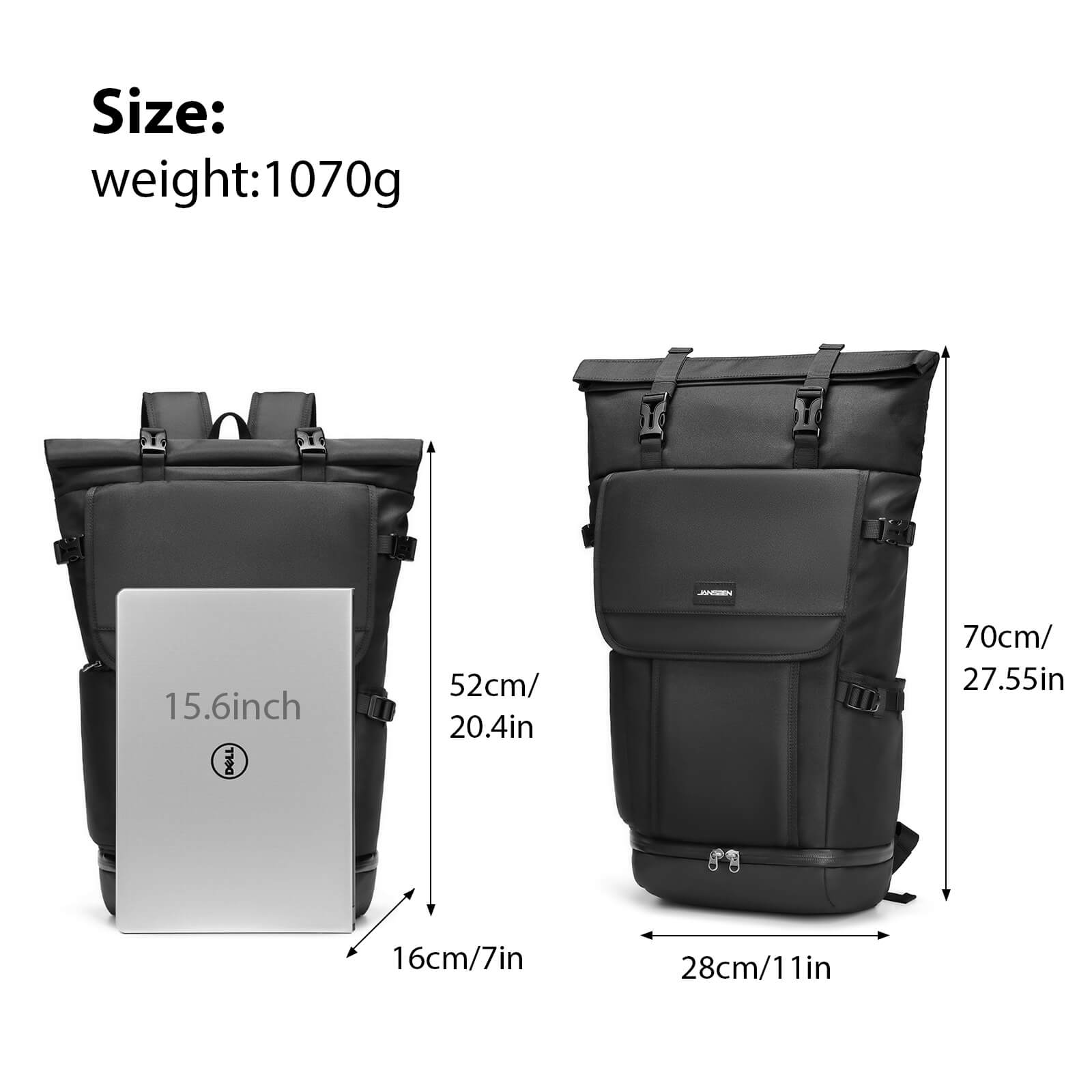 Roll top 2025 backpack shoe compartment